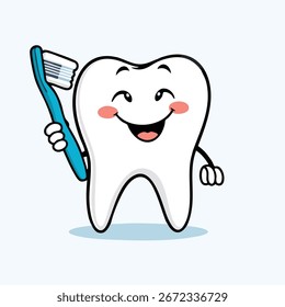 Un diente blanco sonriente que sostiene un cepillo de dientes, historieta dental simple, gráfico plano del Vector con los contornos negros gruesos, colores sólidos, en un fondo azul claro