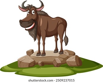 Smiling wildebeest standing on rocks and grass