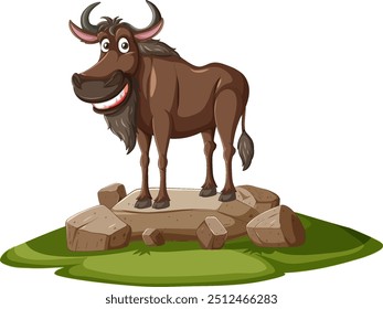 Smiling wildebeest standing on rocks and grass