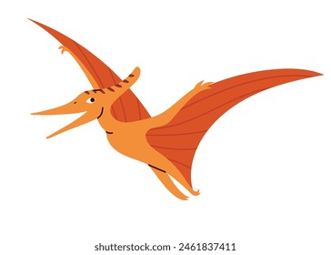 Smiling winged dinosaur Pterosaur, flying prehistoric reptile. Hand drawn vector illustration in flat childish design, isolated on white background