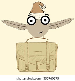 The smiling winged monster in the cap with a bag