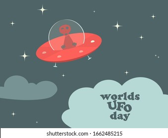A smiling and winking alien is in a flying saucer above the clouds. Around are the stars. A simple vector illustration of a worldwide UFO day (world UFO day).