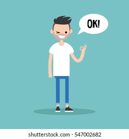 Smiling winking bearded man says "ok" / Flat vector illustration, clip art