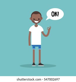 Smiling winking black man says "ok" / Flat vector illustration, clip art