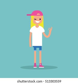 Smiling winking blond girl says "ok" / Flat vector illustration