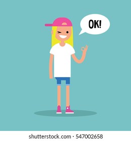 Smiling winking blond girl says "ok" / Flat vector illustration, clip art