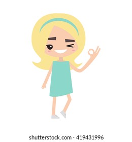 Smiling winking blonde girl says "ok" Flat vector illustration
