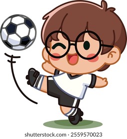 Smiling and winking boy kicking a soccer ball