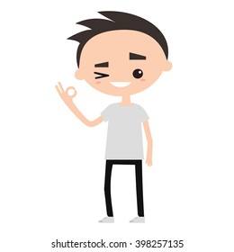 Smiling winking boy says "ok" Flat vector illustration