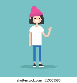 Smiling winking brunette girl says "ok" / Flat vector illustration