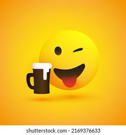 Smiling and Winking, Cheering Emoji, Enjoying the Taste of the Frothy Alcoholic Drink - Simple Shiny Happy Emoticon with Beer Mug - Vector Design for Web and Online Apps on Yellow Background