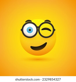 Smiling and Winking Emoji with Glasses - Simple Shiny Happy Emoticon on Yellow Background - Vector Design