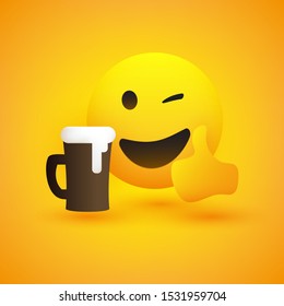 Smiling and Winking Emoji Showing Thumbs Up - Simple Shiny Happy Emoticon with Beer Mug on Yellow Background - Vector Design