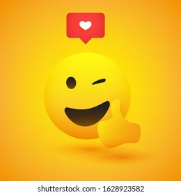 Smiling and Winking Emoji Showing Thumbs Up - Simple Happy Emoticon with Speech Bubble on Yellow Background - Vector Design Concept