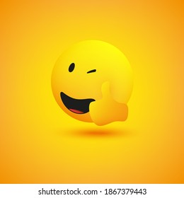Smiling and Winking Emoji Showing Thumbs Up - Simple Shiny Happy Emoticon on Yellow Background - Vector Design