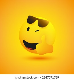 Smiling and Winking Emoji Showing Thumbs Up Wearing Sunglasses on Head - Simple Shiny Happy Emoticon on Yellow Background - Vector Design for Web or Instant Messaging Apps