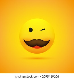 Smiling, Winking Emoji - Simple Happy Emoticon with Mustache on Yellow Background - Vector Design