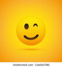 Smiling and Winking Emoji - Simple Shiny Happy Emoticon on Yellow Background - Vector Design