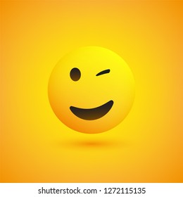 Smiling and Winking Emoji - Simple Shiny Happy Emoticon on Yellow Background - Vector Design