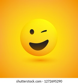 Smiling and Winking Emoji - Simple Shiny Happy Emoticon on Yellow Background - Vector Design