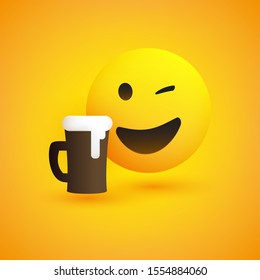 Smiling and Winking Emoji - Simple Shiny Happy Emoticon with Beer Mug on Yellow Background - Vector Design 
