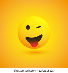 Smiling and Winking Emoji with Stuck Out Tongue - Simple Shiny Happy Emoticon on Yellow Background - Vector Design