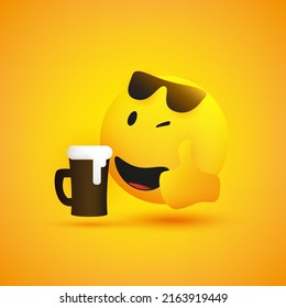 Smiling and Winking Emoji Wearing Sunglasses on the Top of His Head, Enjoying the Taste of the Frothy Drink and Showing Thumbs Up - Simple Shiny Happy Ball Emoticon with Beer Mug on Yellow Background