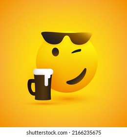 Smiling and Winking Emoji Wearing Sunglasses on the Top of His Head, Enjoying the Taste of the Frothy Drink - Simple Shiny Happy Emoticon with Beer Mug on Yellow Background