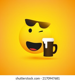 Smiling and Winking Emoji Wearing Sunglasses on the Top of His Head, Enjoying the Taste of the Frothy Drink - Simple Shiny Happy Emoticon with Beer Mug on Yellow Background - Vector Design for Web