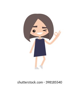 Smiling winking girl says "ok" Flat vector illustration