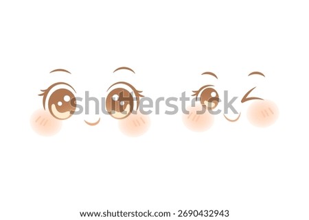 Smiling and winking kawaii anime faces with round eyes