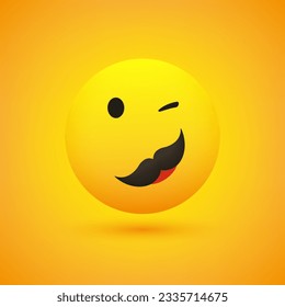 Smiling and Winking Male Emoji with Mustache - Simple Happy Emoticon on Yellow Background - Vector Design
