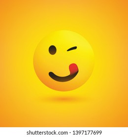 Smiling, Winking and Mouth Licking Emoji with Stuck Out Tongue - Simple Happy Emoticon on Yellow Background - Vector Design