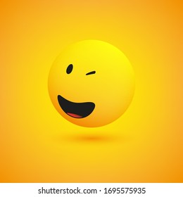 Smiling and Winking Simple Shiny Happy Emoticon on Yellow Background - Vector Design
