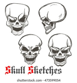 Smiling and winking skulls sketches of human skeleton heads with evil laughing grins. Use as tattoo or Halloween mascot design