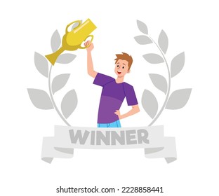 Smiling winner boy lifts up golden cup flat style, vector illustration isolated on white background. Decorative design element, champion, success and reward