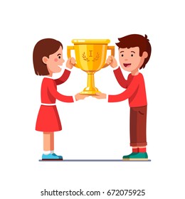 Smiling winners kids boy, girl holding big champion golden cup together. Happy proud children first place trophy achievement winning celebration. Flat vector illustration isolated on white background.