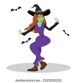 smiling witch dancing, vector illustration for halloween.