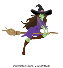 smiling witch flying on a magic broom. vector illustration for halloween.