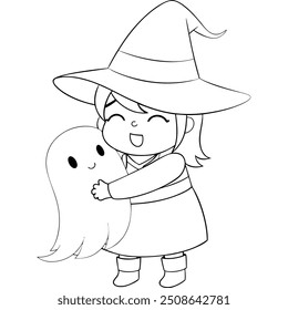 Smiling witch with ghost, black and white line drawing, isolated Halloween design, posters, digital icons. Simple line art style makes it versatile for both digital and print media.