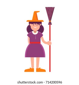 Smiling witch girl with broom stick cartoon illustration. Halloween child character in costume isolated on white background.