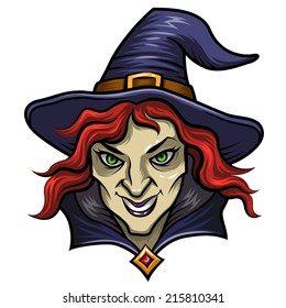 Smiling witch in hat. Cartoon character for Halloween 