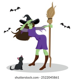 smiling witch holding a magic broom, cute black cat. vector illustration for halloween.