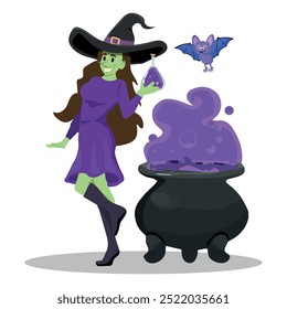 smiling witch holding a magic potion, witch's cauldron and a cute bat, vector illustration for halloween.