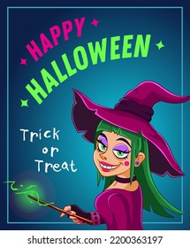 Smiling witch with a magic wand. Cartoon illustration. Halloween greeting card.  Vector festive illustration for halloween.