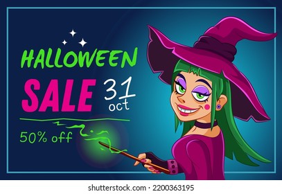 Smiling witch with a magic wand. Halloween sale. Advertising vector banner. Vector illustration for halloween