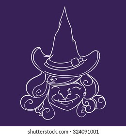 Smiling witch with Pointy Hat In-line, Vector Illustration