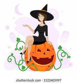 Smiling witch sitting on a big orange pumpkin