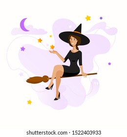 Smiling witch sitting on a broomstick