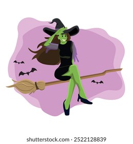 smiling witch sitting on a magic broom, vector illustration for halloween.